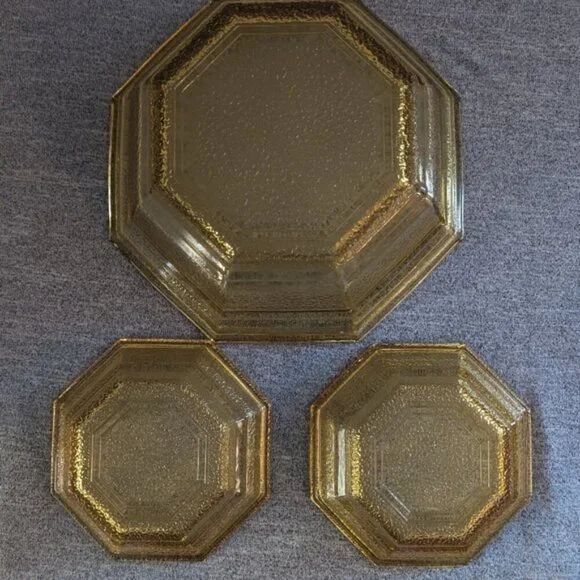 Anchor Hocking Amber Glass Octagon Pebbled 3pc Chip & Dip Set (No Basket) - Picture 3 of 3